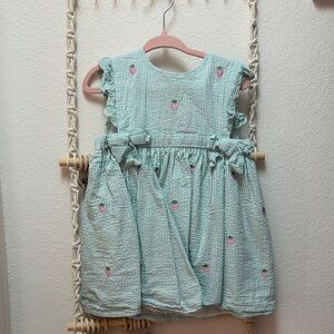Girls' Mint Green Strawberry Seersucker Dress with Ruffle Sleeves